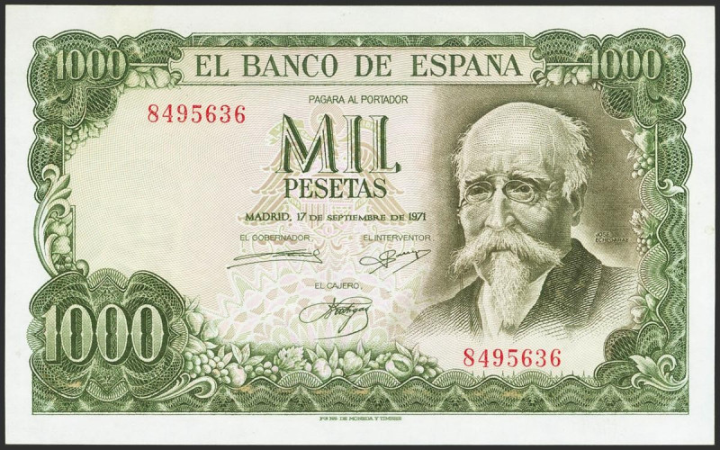 1000 Pesetas. 17 de Septiembre de 1971. Sin serie. (Edifil 2021: 474). Apresto o...