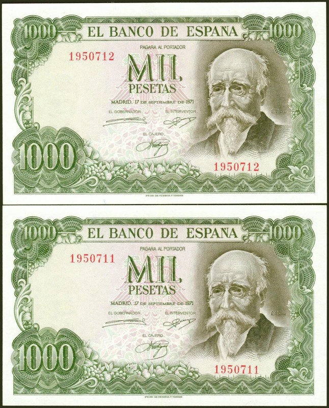 1000 Pesetas. 17 de Septiembre de 1971. Pareja correlativa. Sin serie. (Edifil 2...