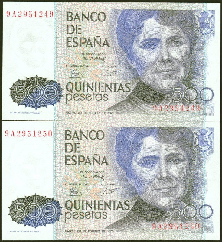 500 Pesetas. 23 de Octubre de 1979. Pareja correlativa. Serie especial 9A. (Edif...