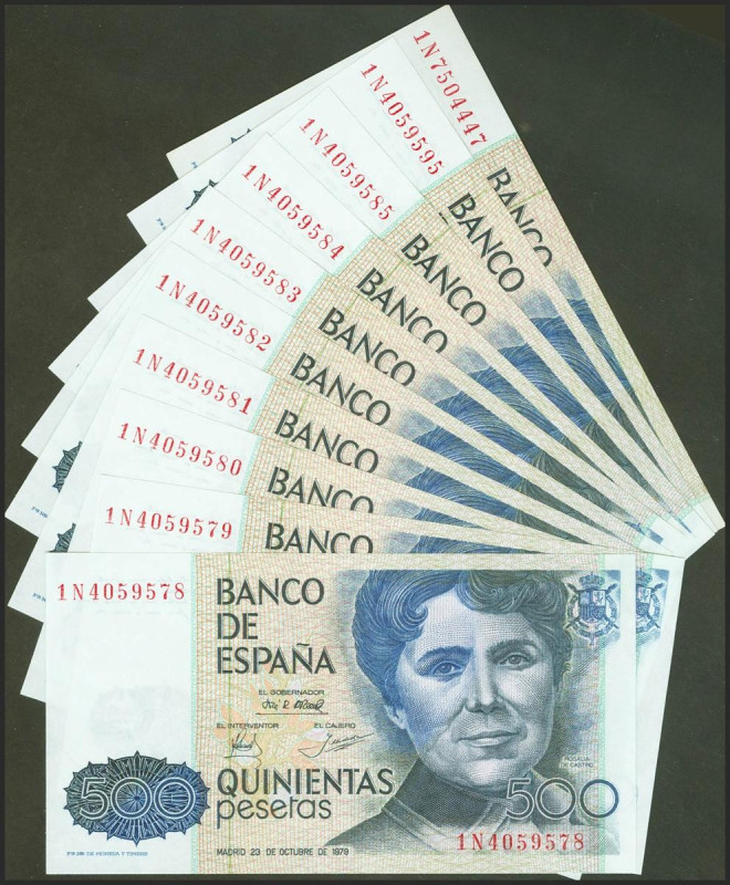 Conjunto de 10 billetes, incluyendo ocho correlativos, de 500 Pesetas emitidos 2...