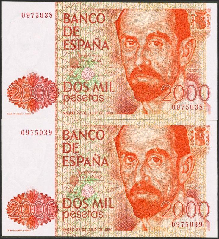 2000 Pesetas. 22 de Julio de 1980. Pareja correlativa. Sin serie. (Edifil 2021: ...