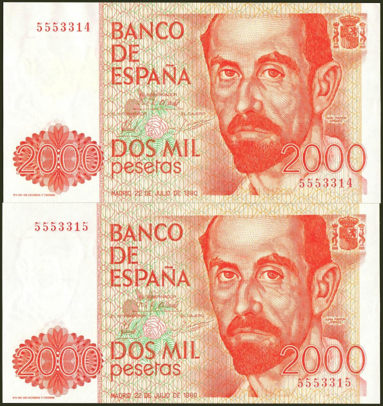 2000 Pesetas. 22 de Julio de 1980. Pareja correlativa. Sin serie. (Edifil 2017: ...