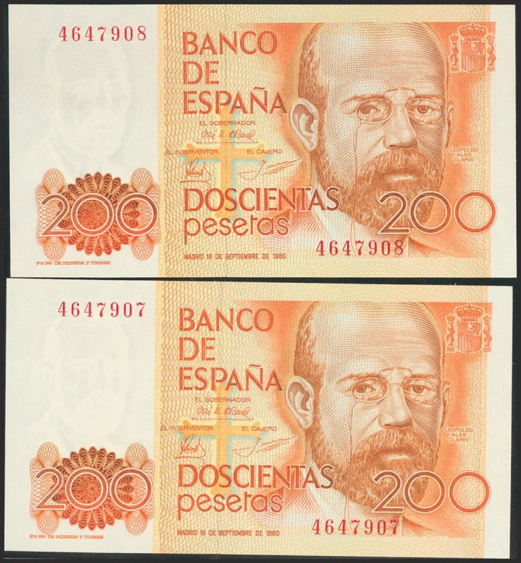 200 Pesetas. 16 de Septiembre de 1980. Pareja correlativa. Sin serie. (Edifil 20...