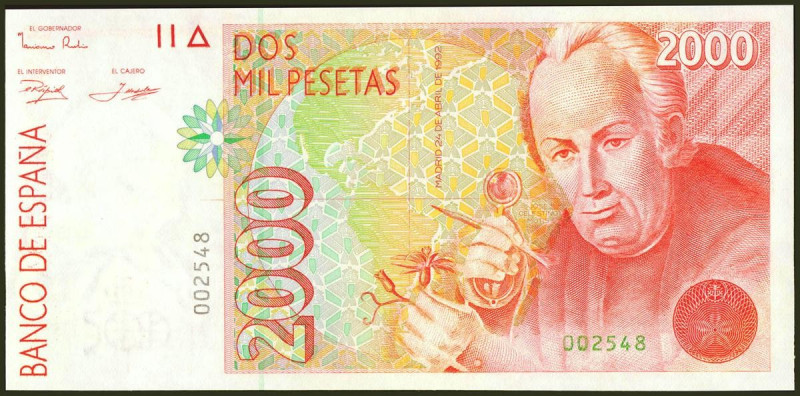 2000 Pesetas. 24 de Abril de 1992. Sin serie y numeración bajísima. (Edifil 2021...