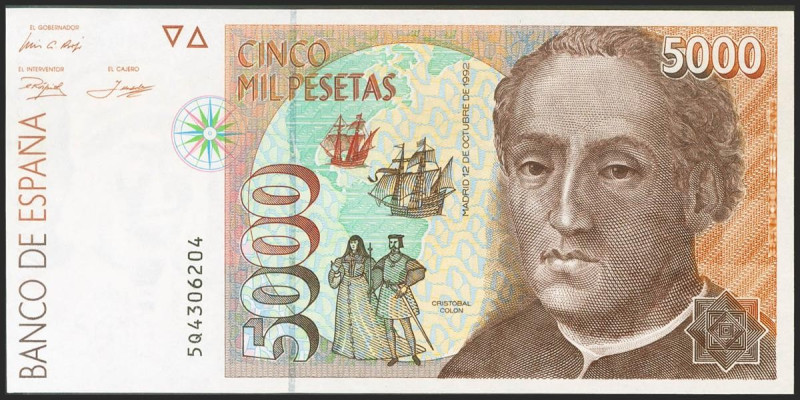 5000 Pesetas. 12 de Octubre de 1992. Serie 5Q. (Edifil 2021: 484a). SC.