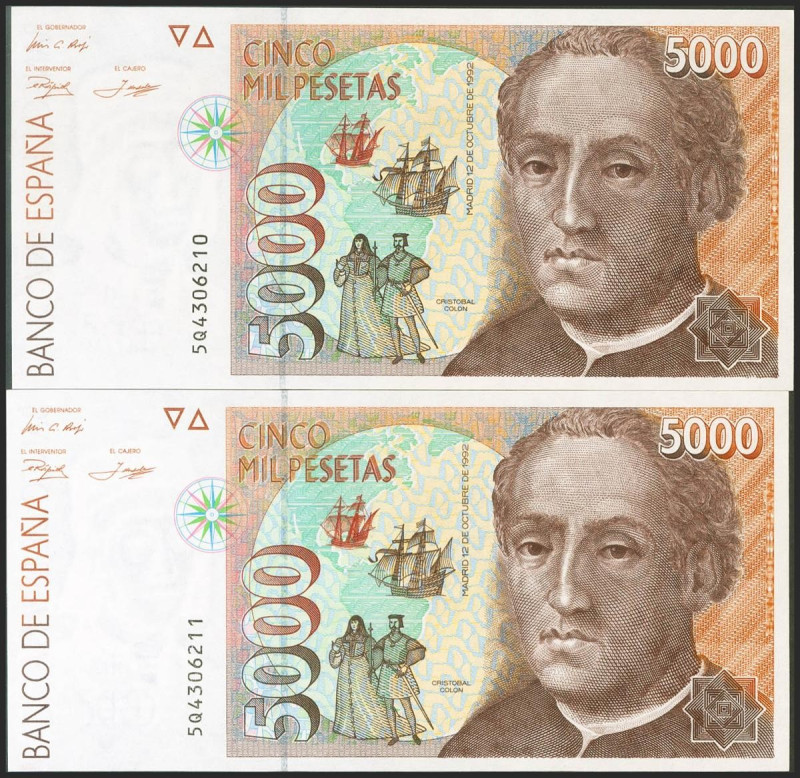 5000 Pesetas. 12 de Octubre de 1992. Pareja correlativa. Serie 5Q. (Edifil 2021:...