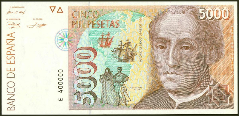 5000 Pesetas. 12 de Octubre de 1992. Serie E y numeración muy curiosa E400000. (...