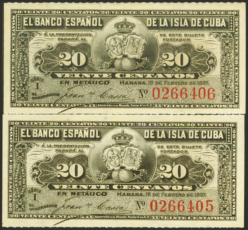 BANCO ESPAÑOL DE LA ISLA DE CUBA. 20 Centavos. 15 de Febrero de 1897. Pareja cor...