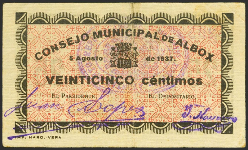 ALBOX (ALMERIA). 25 Céntimos. 5 de Agosto de 1937. (González: 238). EBC-.