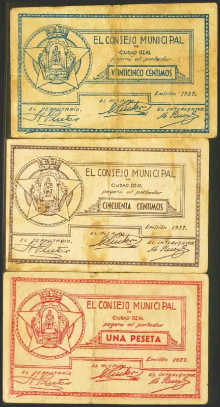 CIUDAD REAL. 25 Céntimos, 50 Céntimos y 1 Peseta. 1937. Serie D, B y B, respecti...