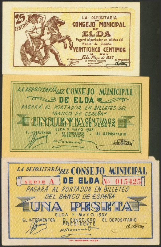 ELDA (ALICANTE). 25 Céntimos y 1 Peseta. Mayo 1937. Serie A. (González: 2291/93)...