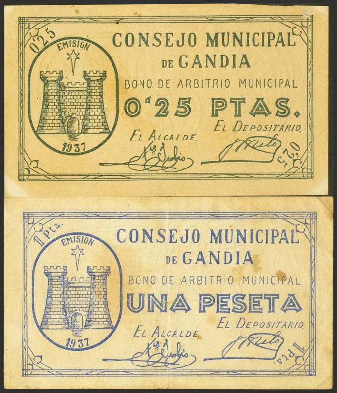 GANDIA (VALENCIA). 25 Céntimos y 1 Peseta. (1937ca). Serie A. (González: 2610/11...