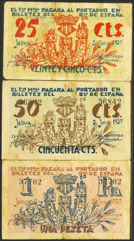 JATIVA (VALENCIA). 25 Céntimos, 50 Céntimos y 1 Peseta. 5 de Junio de 1937. El 2...