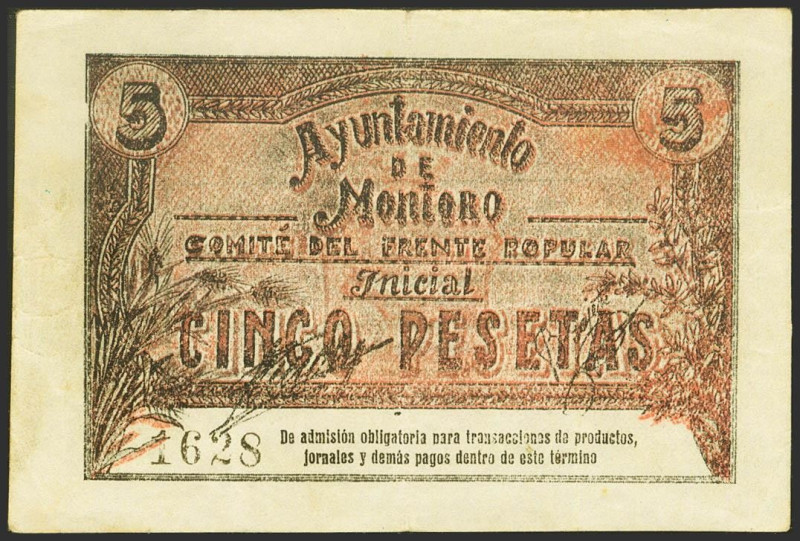 MONTORO (CORDOBA). 5 Pesetas. (1937ca). (González: 3668). Raro. MBC+.