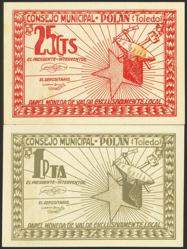 POLAN (TOLEDO). 25 Céntimos y 1 Peseta. (1938ca). (González: 4219, 4220). Inusua...