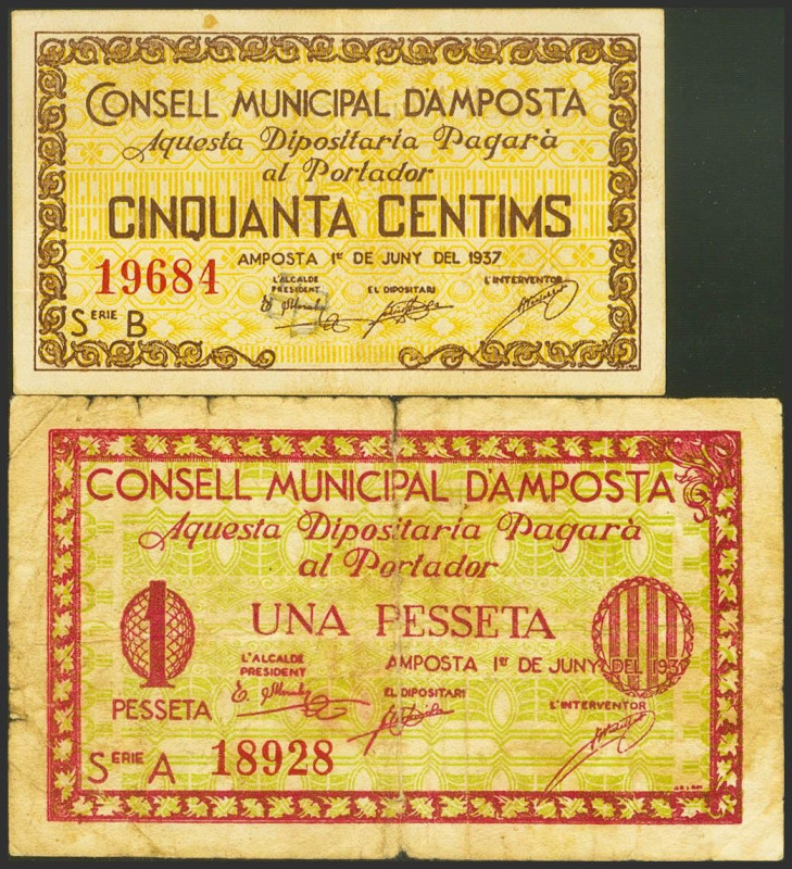 AMPOSTA (TARRAGONA). 50 Céntimos y 1 Peseta. 1 de Junio de 1937. Serie B y A, re...