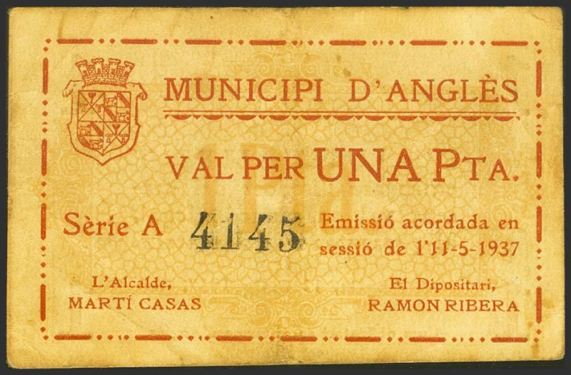 ANGLES (GERONA). 1 Peseta. 11 de Mayo de 1937. Serie A. (González: 6288). Inusua...