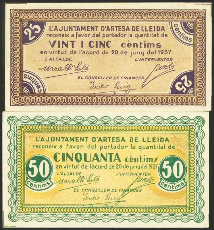 ARTESA DE LLEIDA (LERIDA). 25 Céntimos y 50 Céntimos. 20 de Junio de 1937. (Gonz...