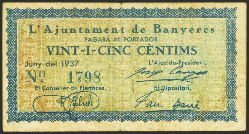 BANYERES (TARRAGONA). 25 Céntimos. Junio 1937. (González: 6502). Inusual. MBC.