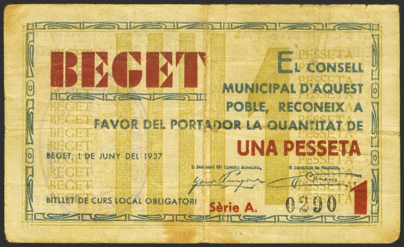 BEGET (GERONA). 1 Peseta. 1 de Junio de 1937. Serie A. (González: 6923). Muy rar...