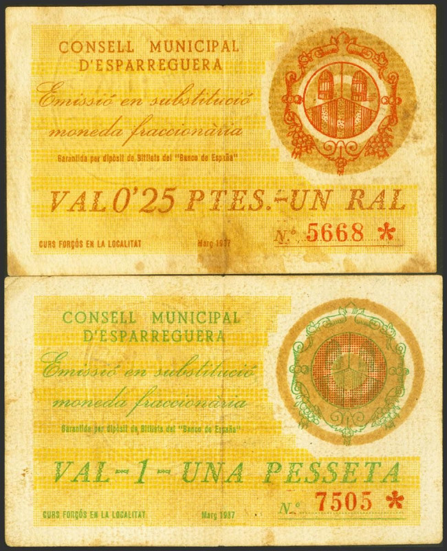 ESPARREGUERA (BARCELONA). 25 Céntimos y 1 Peseta. Marzo 1937. (González: 7744, 7...