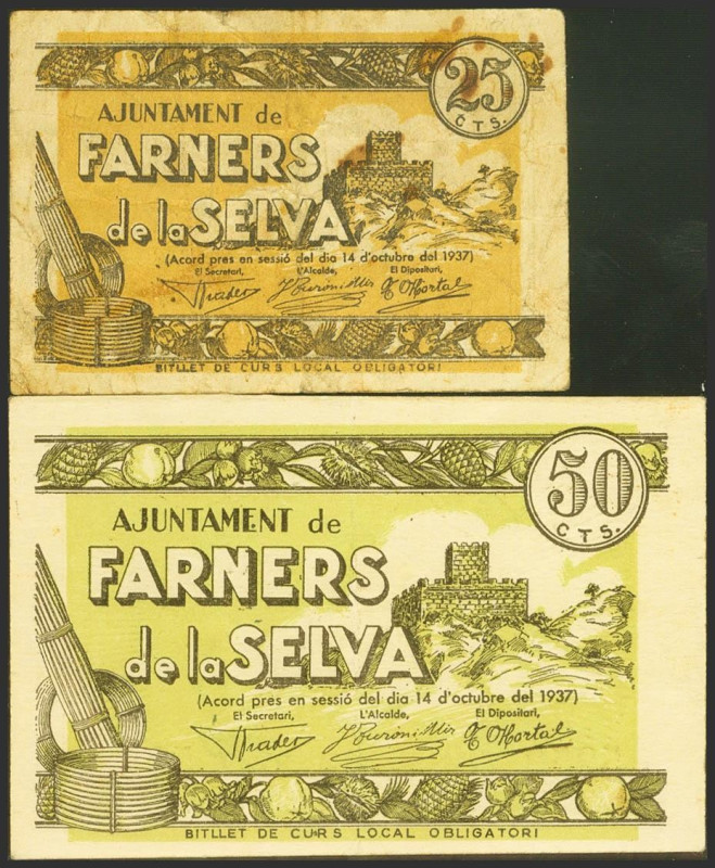 FARNERS DE LA SELVA (TARRAGONA). 25 Céntimos, 50 Céntimos. 14 de Octubre de 1937...