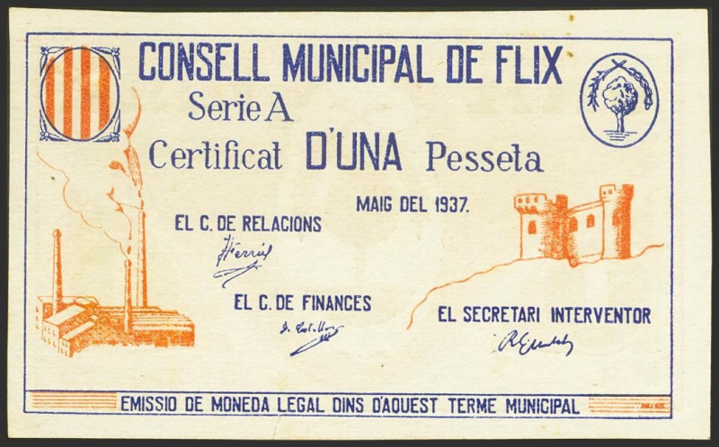 FLIX (TARRAGONA). 1 Peseta. Mayo 1937. Serie A. (González: 7885). Raro, especial...