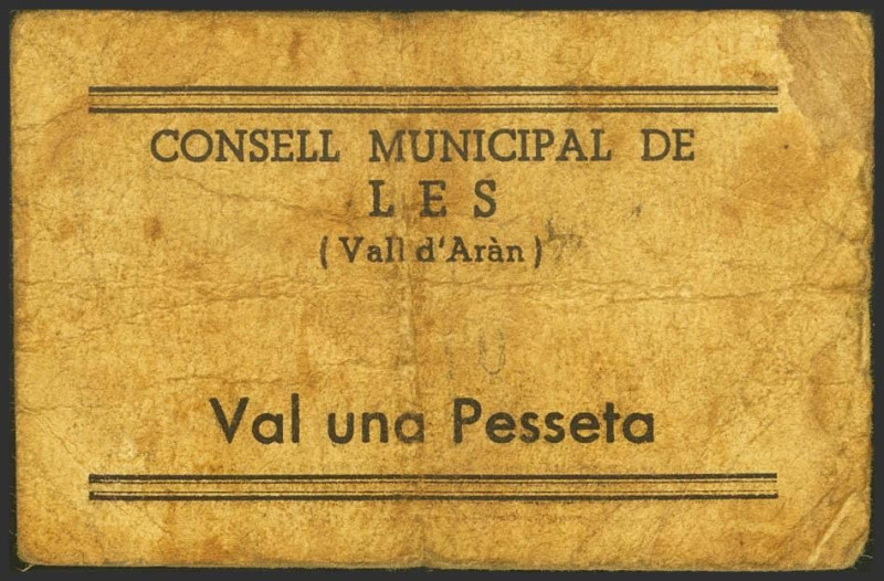 LES (LERIDA). 1 Peseta. 1937. (González: 8307). Raro, pie de imprenta ilegible. ...