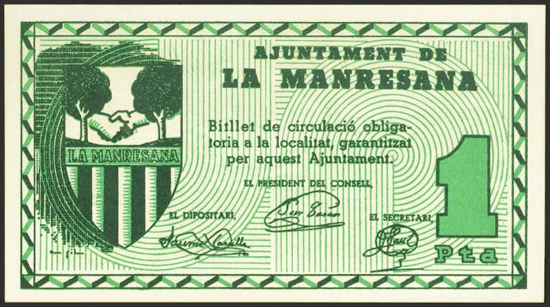 LA MANRESANA (BARCELONA). 1 Peseta. (1938ca). (González: 8553). SC.