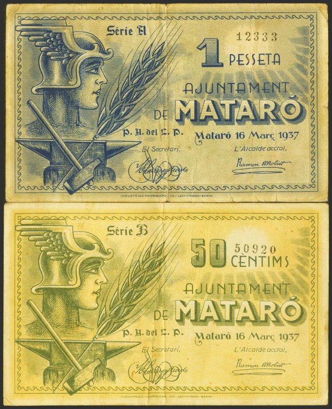 MATARO (BARCELONA). 50 Céntimos y 1 Peseta. 16 de Marzo de 1937. Series B y A, r...