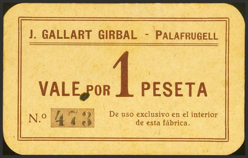 PALAFRUGELL (GERONA). 1 Peseta. (1937ca). (González: 9093). Inusual. EBC++.