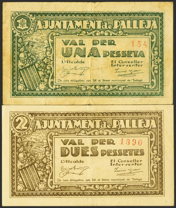 PALLEJA (BARCELONA). 1 Peseta y 2 Pesetas. (1938ca). (González: 9134/36). Raros....