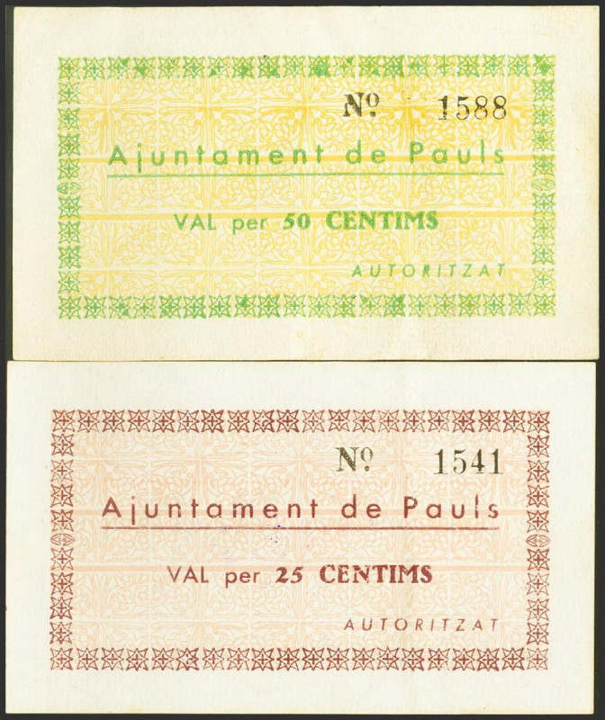 PAULS (TARRAGONA). 25 Céntimos y 50 Céntimos. (1937ca). (González: 9177, 9178). ...