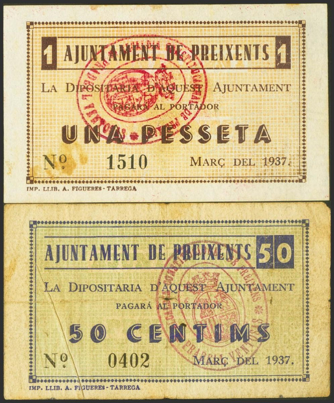 PREIXENTS (LERIDA). 50 Céntimos y 1 Peseta. Marzo 1937. (González: 9447/48). Muy...