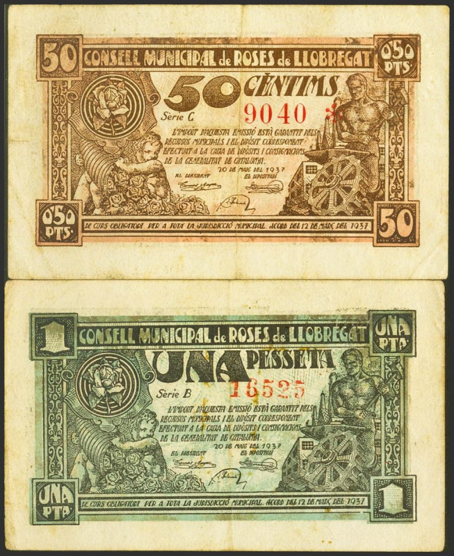 ROSES DE LLOBREGAT (BARCELONA). 50 Céntimos y 1 Peseta. 20 de Mayo de 1937. (Gon...