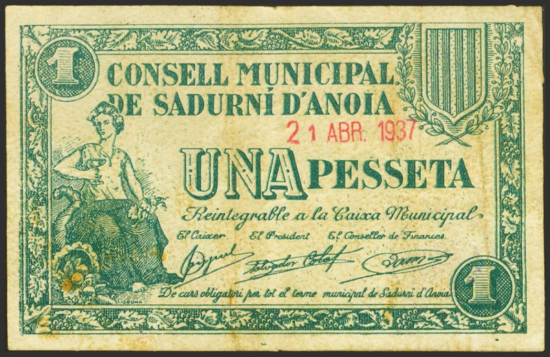 SADURNI D´ANOIA (BARCELONA). 1 Peseta. 21 de Abril de 1937. (González: 9802). In...