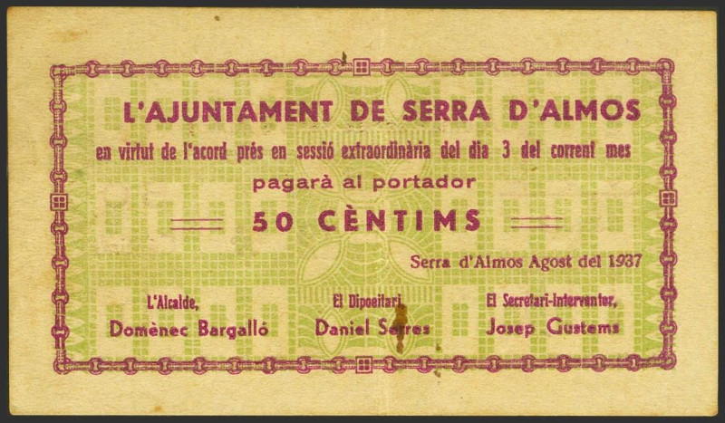 SERRA DE ALMOS (TARRAGONA). 50 Céntimos. Agosto 1937. Serie B. (González: 9956)....