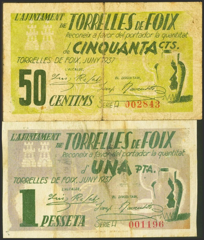 TORRELLES DE FOIX (BARCELONA). 50 Céntimos y 1 Peseta. Junio 1937. Serie A, ambo...