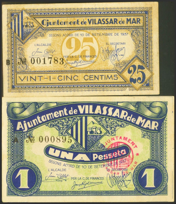 VILASSAR DE MAR (BARCELONA). 25 Céntimos y 1 Peseta. 10 de Octubre de 1937. Seri...