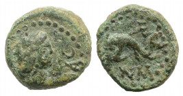 Gaul, Massalia, after 49 BC. Æ (12mm, 2.87g, 9h). Laureate head of Apollo r. R/ Dolphin l. Depeyrot, Marseille 69. Green patina, VF