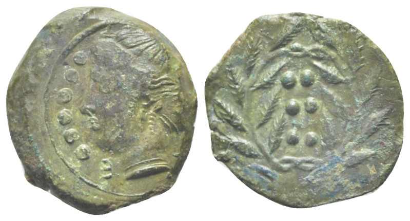 Sicily, Himera, c. 420-407 BC. Æ Hemilitron (17mm, 3.04g, 9h). Head of nymph l.;...