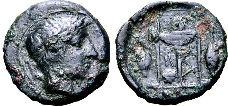 Sicily, Leontinoi, c. 405-402 BC. Æ Tetras - Trionkion (14mm, 1.94g, 210h). Head...