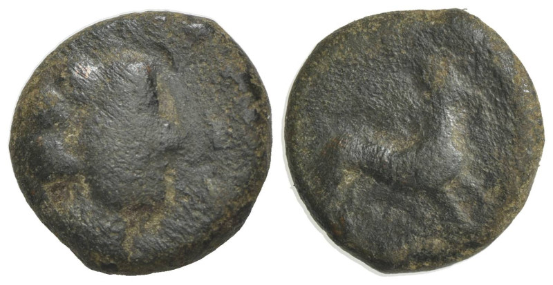 Sicily, Segesta, c. 390-380 BC. Æ (15mm, 4.48g, 7h). Head of Aigiste r. R/ Hound...