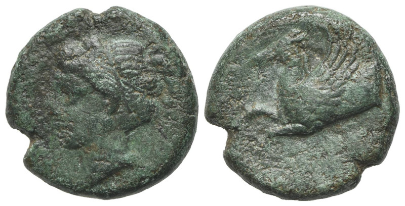 Sicily, Syracuse, 344-334 BC. Æ Hemilitron (16mm, 4.23g, 6h). Head of Persephone...