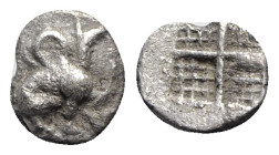 Ionia, Teos, c. 500-460 BC. AR Hemiobol (6.5mm, 0.25g). Griffin seated r. R/ Quadripartite incuse square with granulated quarters. Matzke Group Cb5; S...