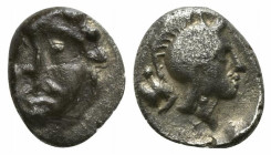 Pisidia, Selge, c. 350-300 BC. AR Obol (10mm, 0.90g, 6h). Facing gorgoneion. R/ Helmeted head of Athena r.; astralagos behind. SNG France 1934. Obv. o...