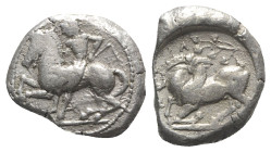 Cilicia, Kelenderis, c. 430-420 BC. AR Stater (21mm, 10.75g, 9h). Nude youth, holding whip, dismounting from horse rearing l. R/ Goat kneeling l., hea...
