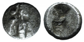 Cilicia, Uncertain, c. late 5th century BC. AR Tetartemorion (5mm, 0.16g). Crowned head of Persian king r. R/ Rough incuse square. Troxell & Kagan 16 ...