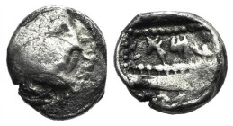 Phoenicia, Arados. Uncertain king, c. 380-351/0 BC. AR Obol (9mm, 0.59g, 9h). Head of marine deity r., wearing laurel wreath. R/ Galley r.; Aramaic M ...