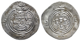Sasanian Kings, Khusrau II (590-628). AR Drachm (32mm, 3.90g, 3h). WYHC (Weh-az-Amid-Kavād), year 38(?). Crowned bust r. R/ Fire altar flanked by atte...